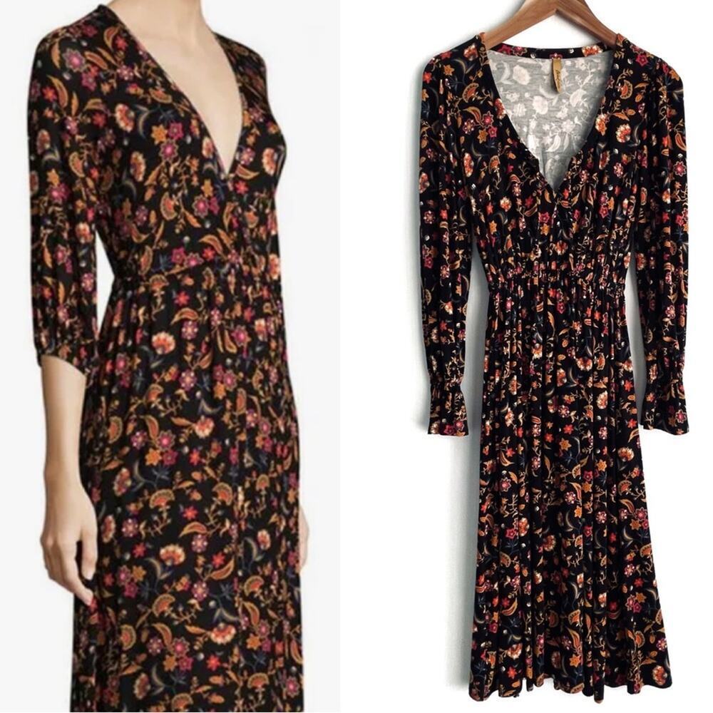 Rachel Pally folklore pattern long sleeve tie neckline floral print dress sz xs